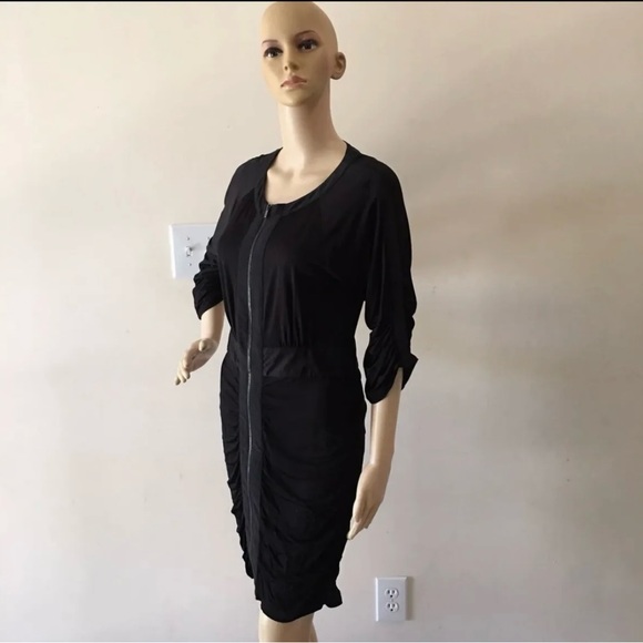 Women’s Black Ruched Zipper Front BCBGMAXAZRIA Midi Dress - Picture 2 of 7